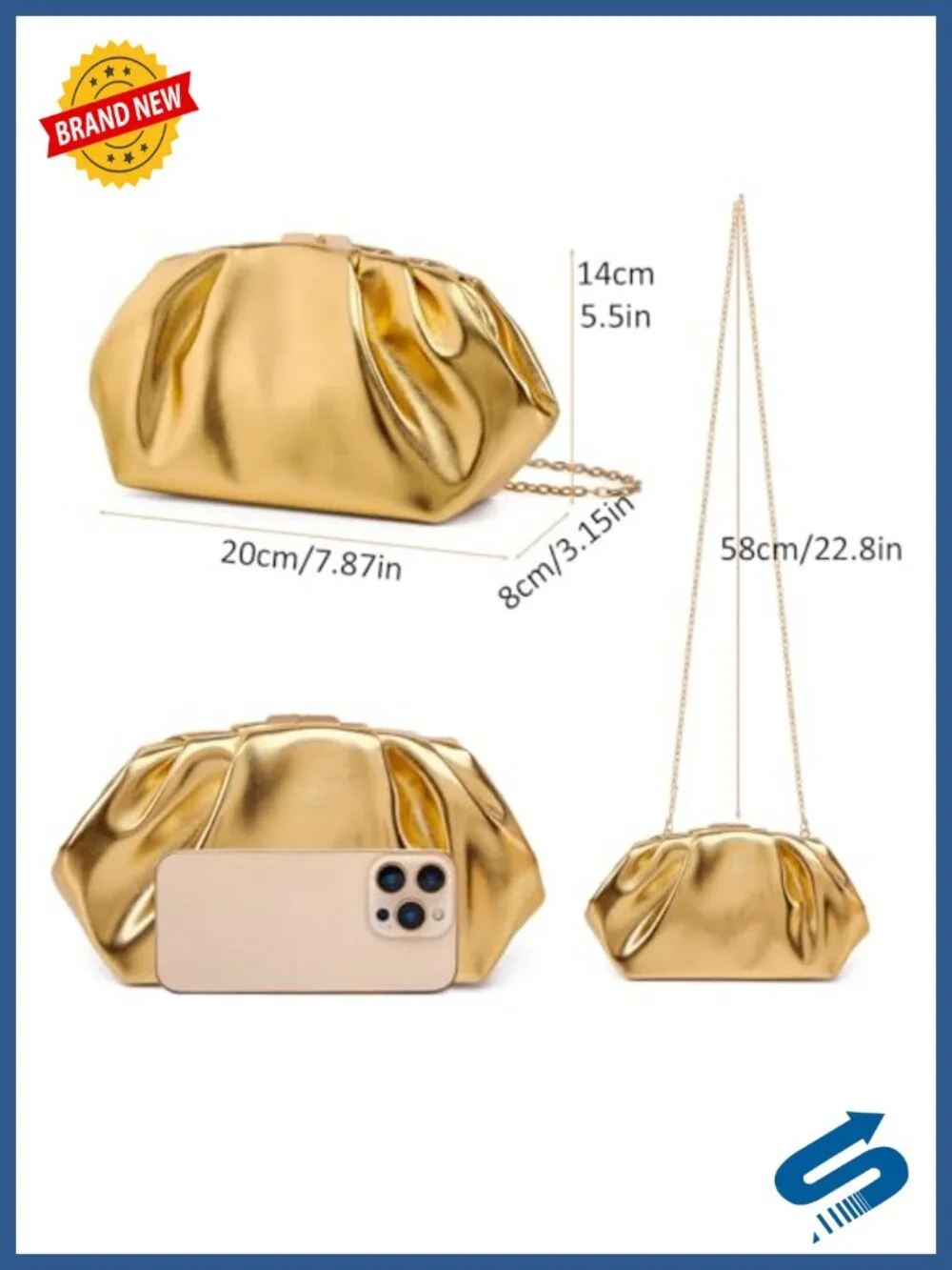 Pleated Vegan Leather Clutch Purse Detachable Chain Evening Bag